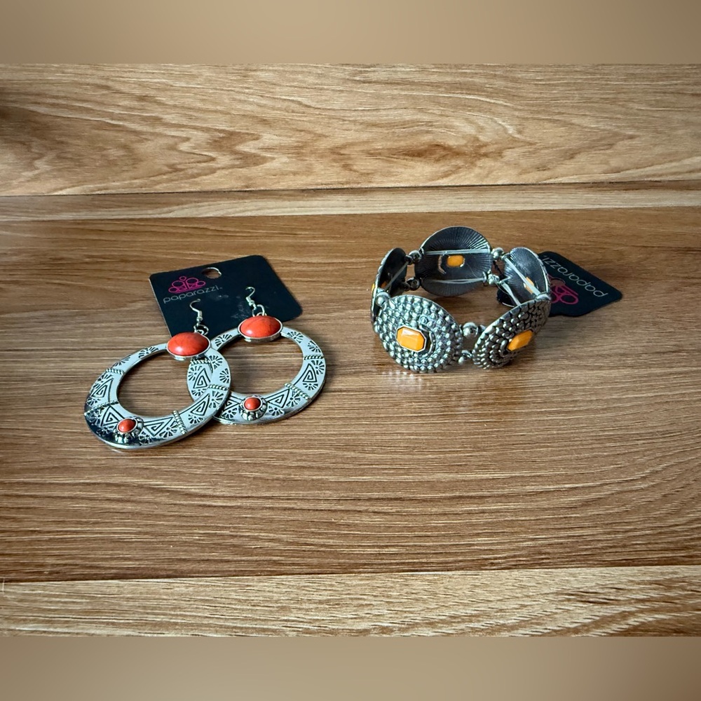 paparazzi Silver-Tone Hoop Earrings and Bracelet with Orange Accents